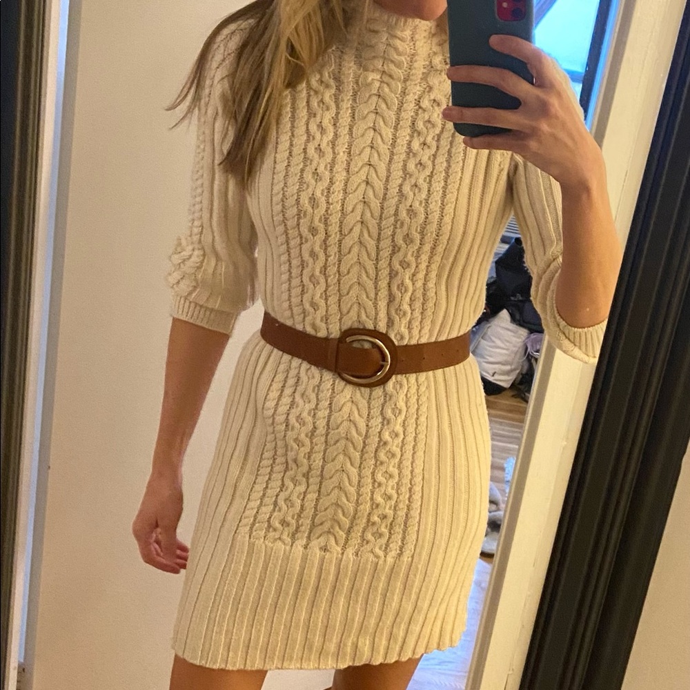 Club Monaco cream cable knit sweater dress. Warm, chic perfect fall/winter dress